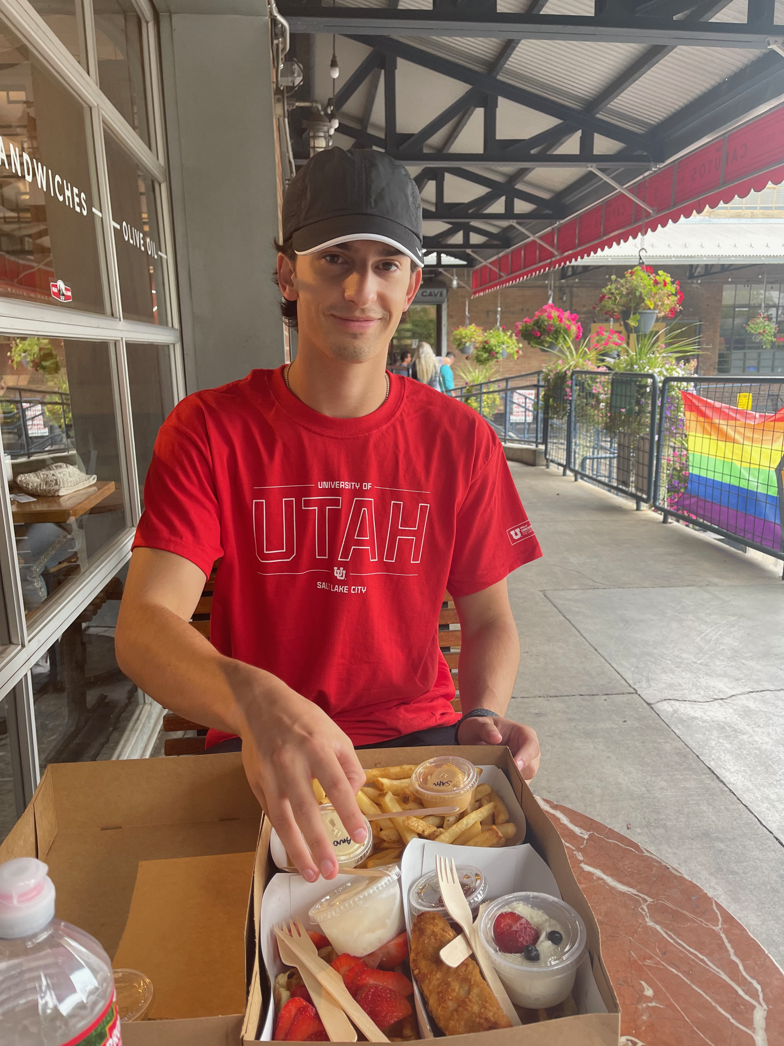 getting food wearing a University of Utah shirt in Salt Lake City